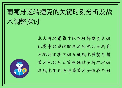 葡萄牙逆转捷克的关键时刻分析及战术调整探讨
