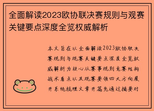全面解读2023欧协联决赛规则与观赛关键要点深度全览权威解析